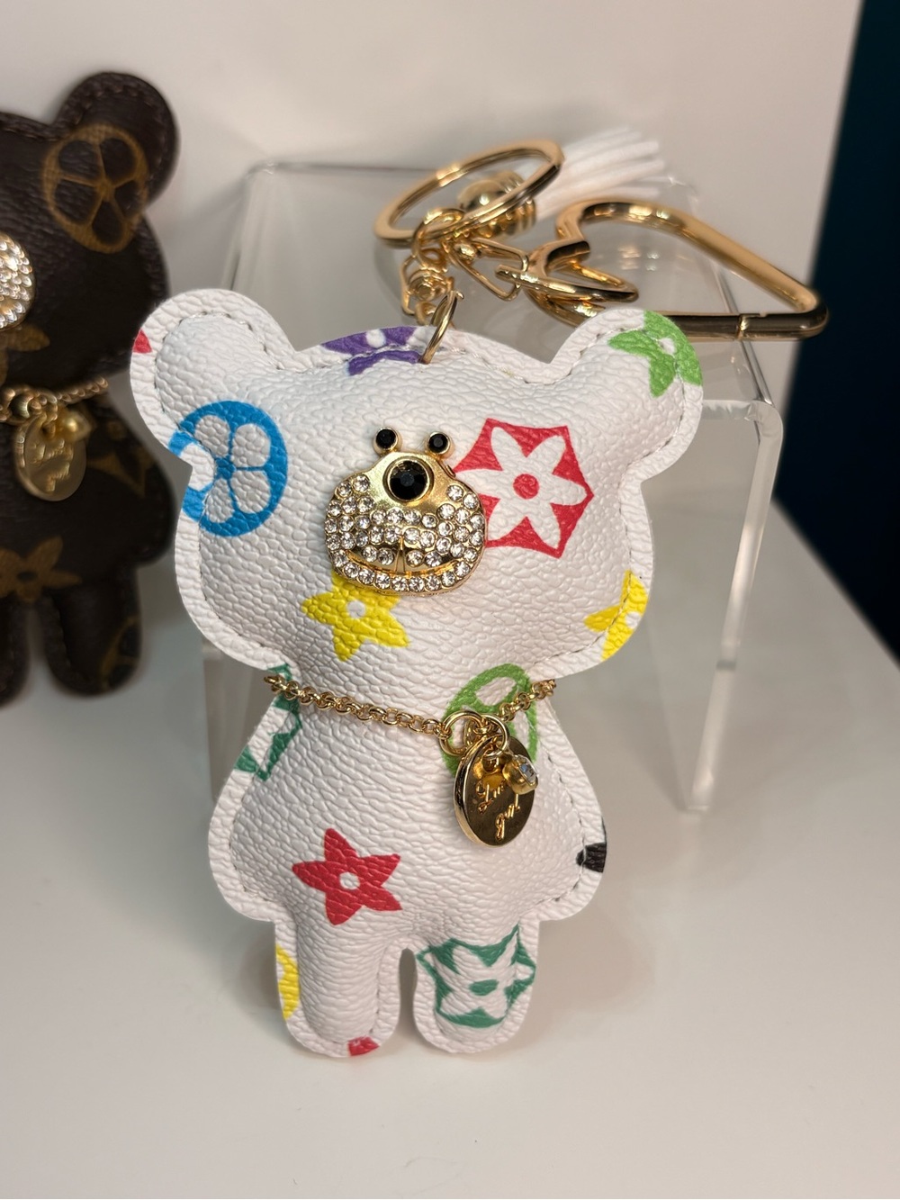 Monogram White Bear Keychain Bag Charm